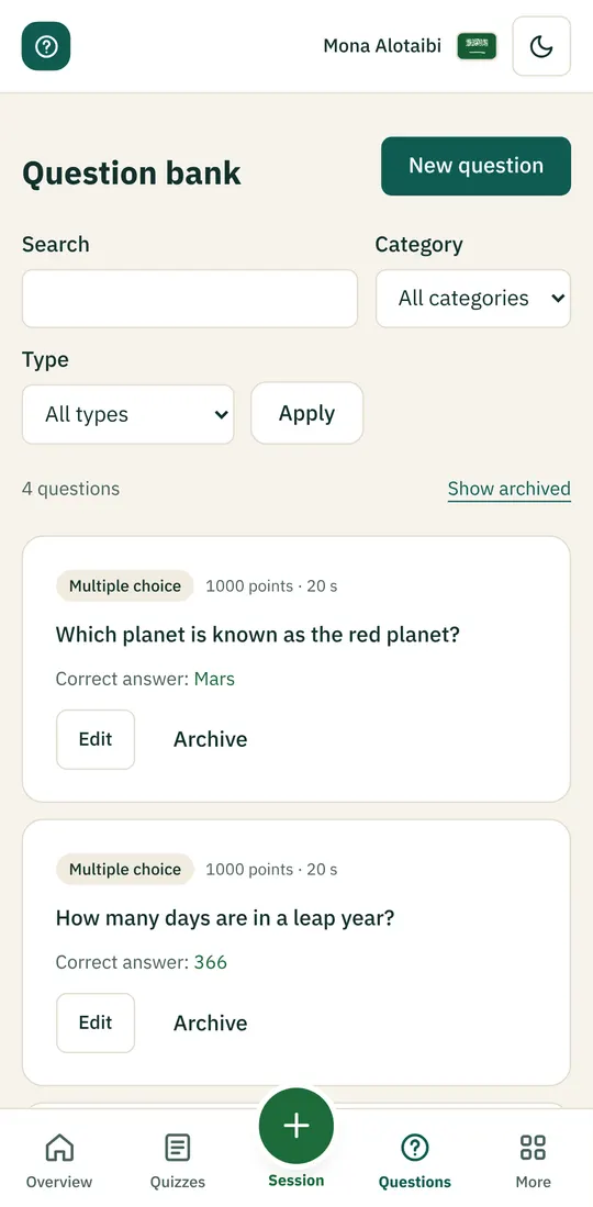 The question bank on a phone, with search and categories