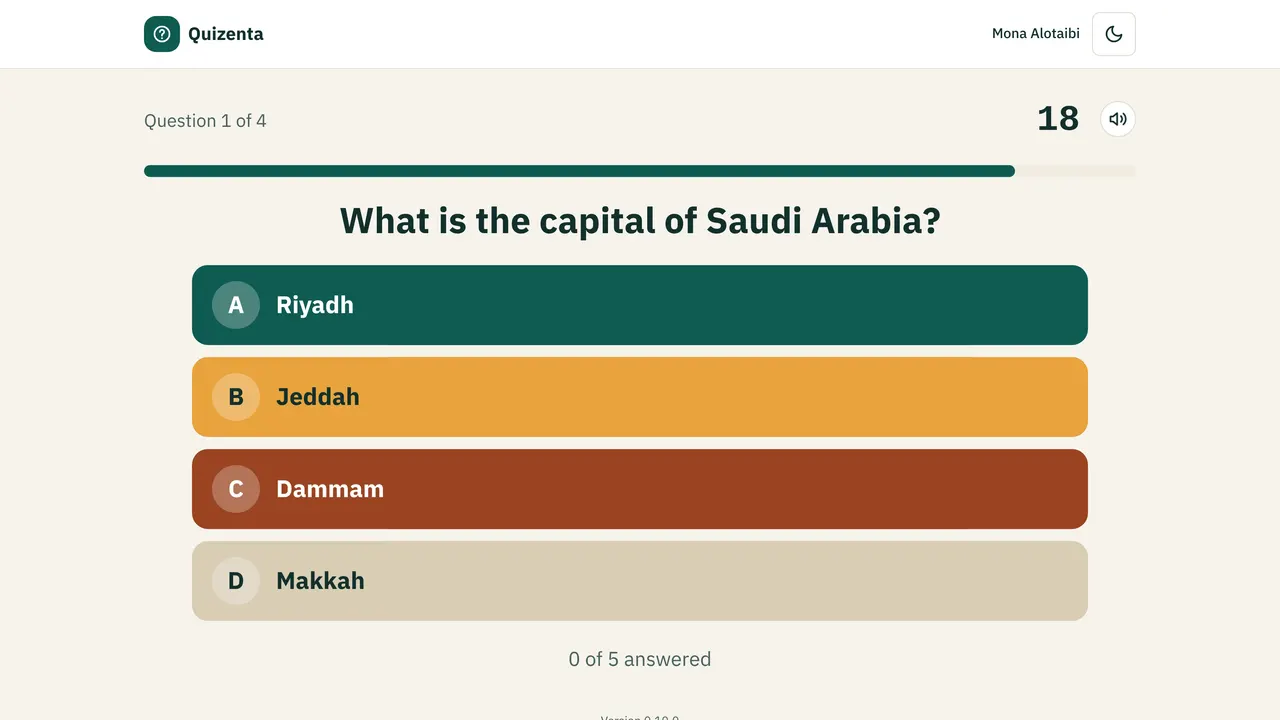 The presentation screen showing a question with its colored options and the countdown